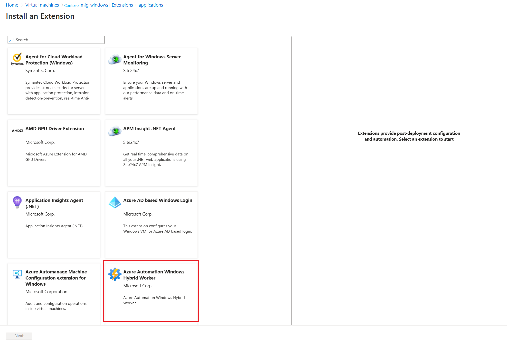 显示用于选择自动化 Windows 混合辅助角色的搜索选项的屏幕截图。