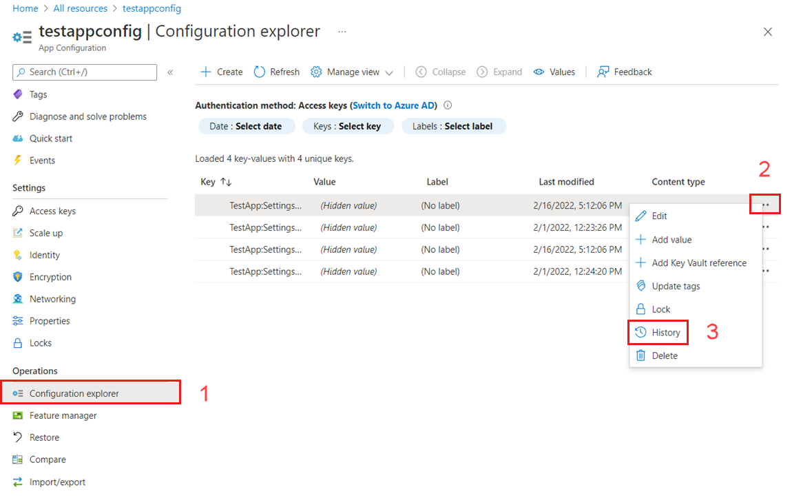 Azure 门户选择键值历史记录的屏幕截图