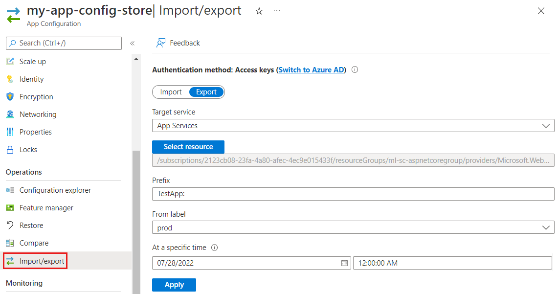 Azure 门户的屏幕截图，显示如何从应用服务导出。