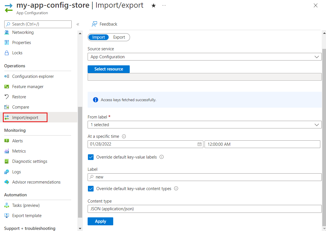Azure 门户的屏幕截图，其中显示从应用程序配置存储区导入。