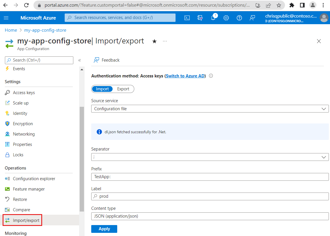 Azure 门户的屏幕截图，显示如何导入文件。