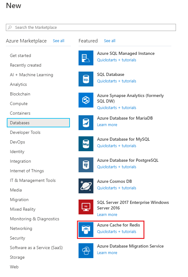 屏幕截图显示了如何选择“Azure Cache for Redis”。