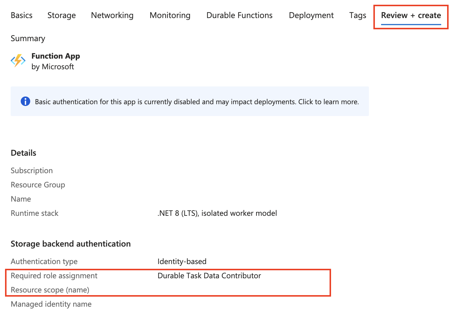 在“审阅 + 创建”选项卡上选择和审阅的字段和属性的屏幕截图。