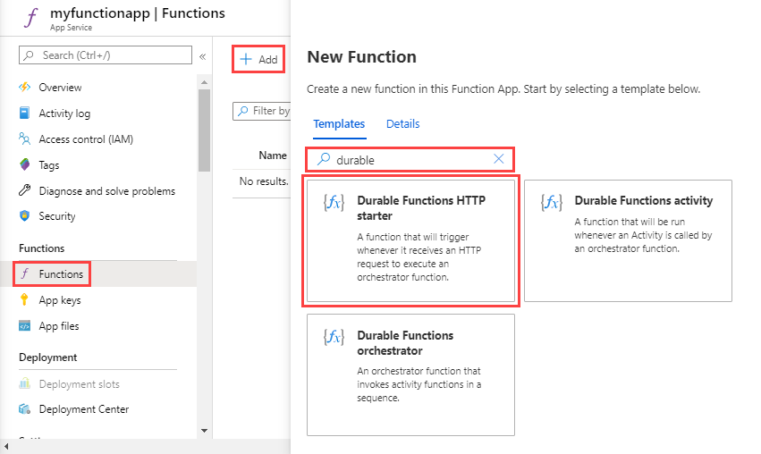 选择“Durable Functions HTTP 初学者”