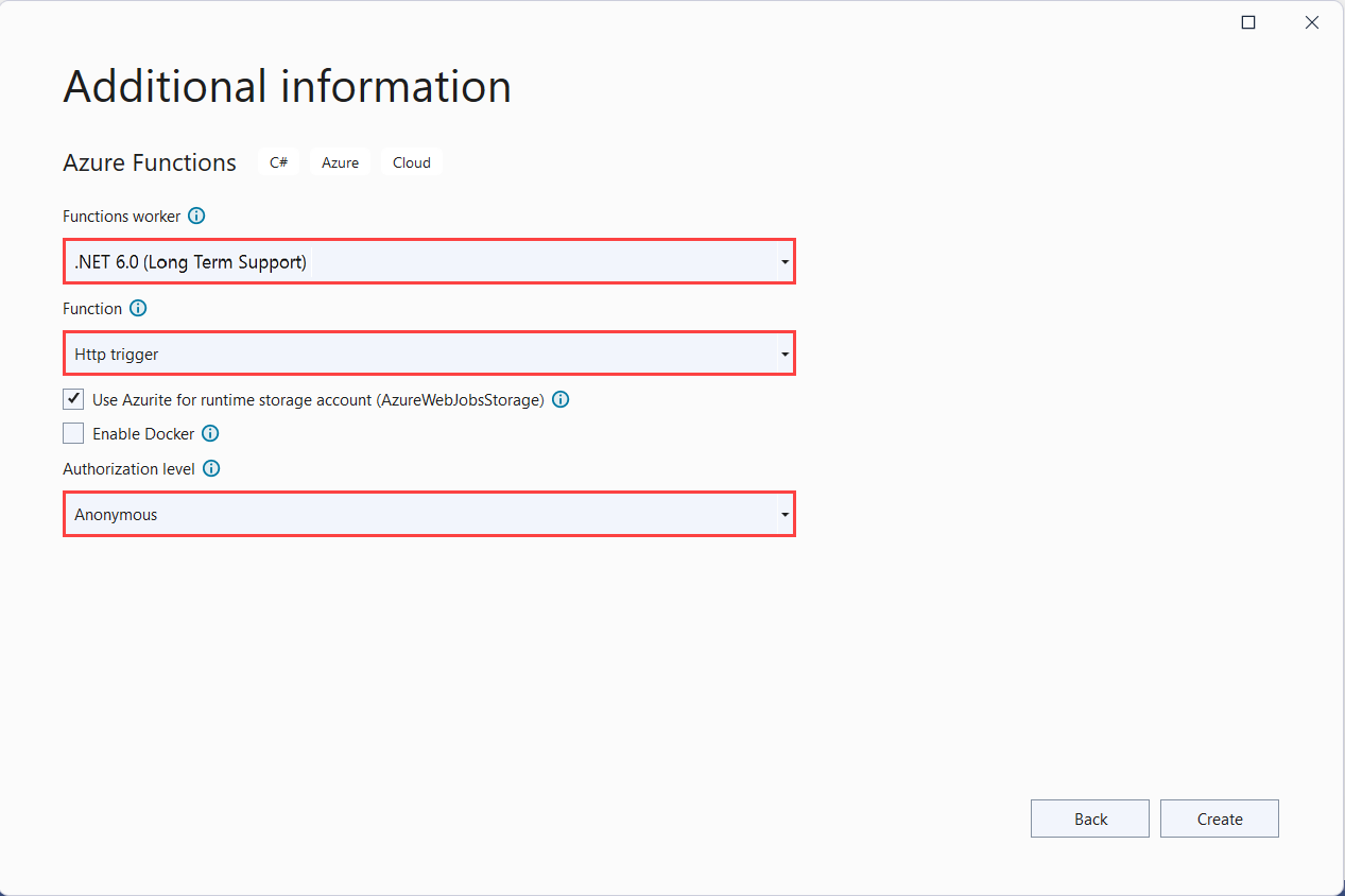 Azure Functions 项目设置的屏幕截图