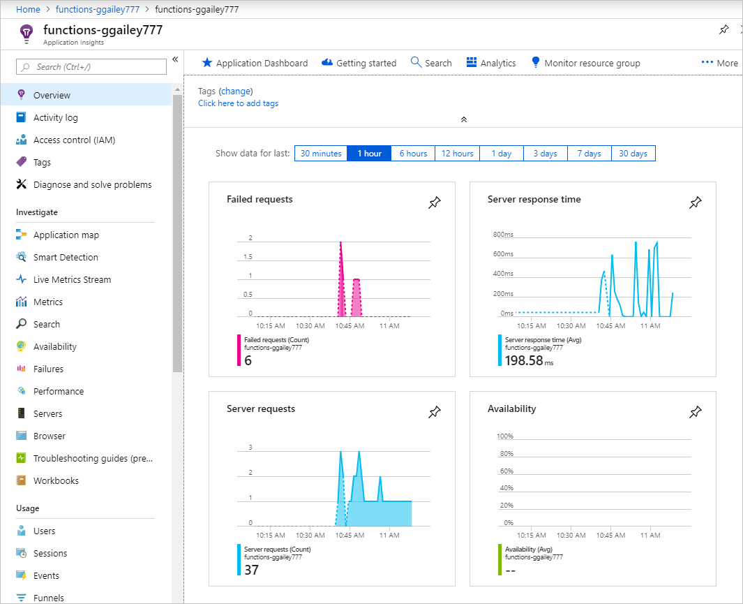 Application Insights“概述”选项卡