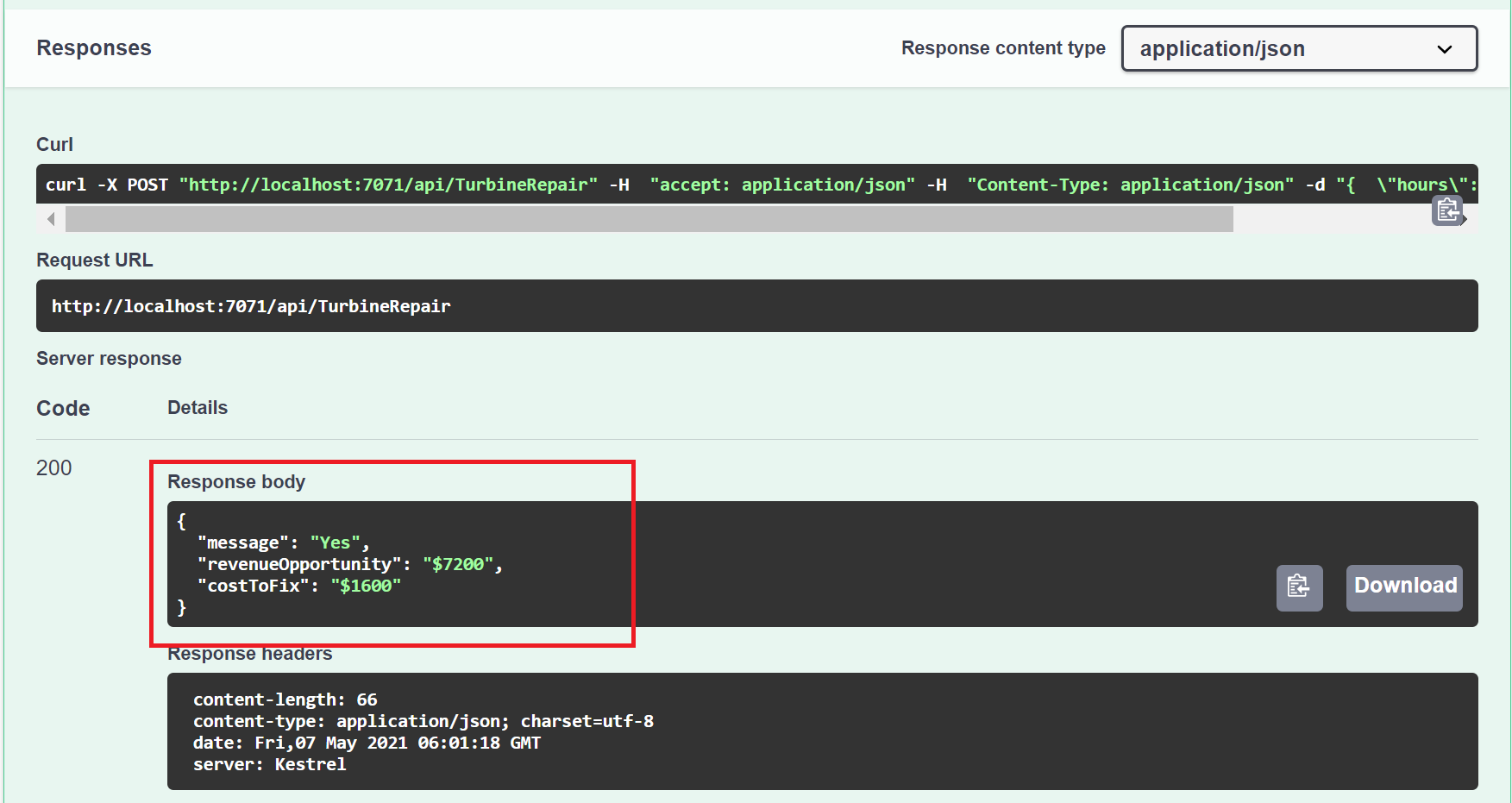 TurbineRepair 函数的响应 JSON 数据。