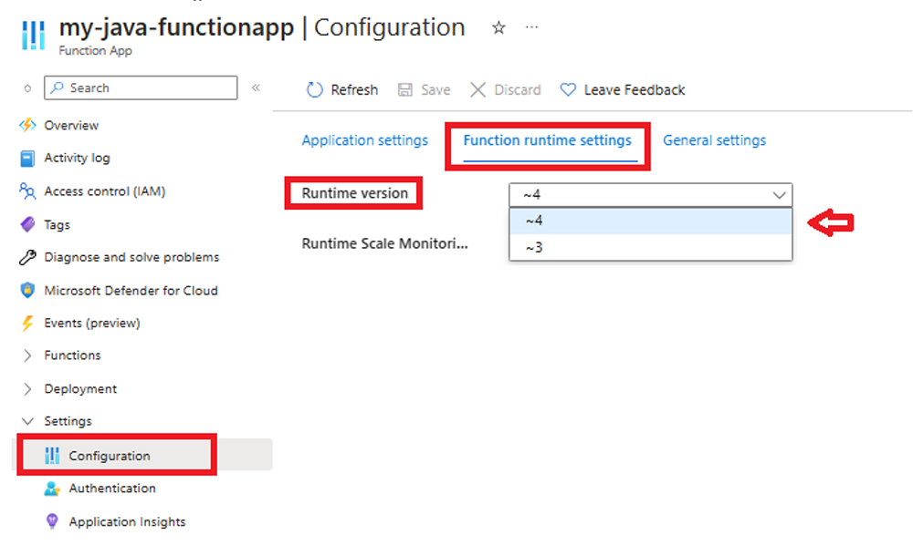 如何在 Azure 门户中查看应用的 Functions 运行时版本的屏幕截图。