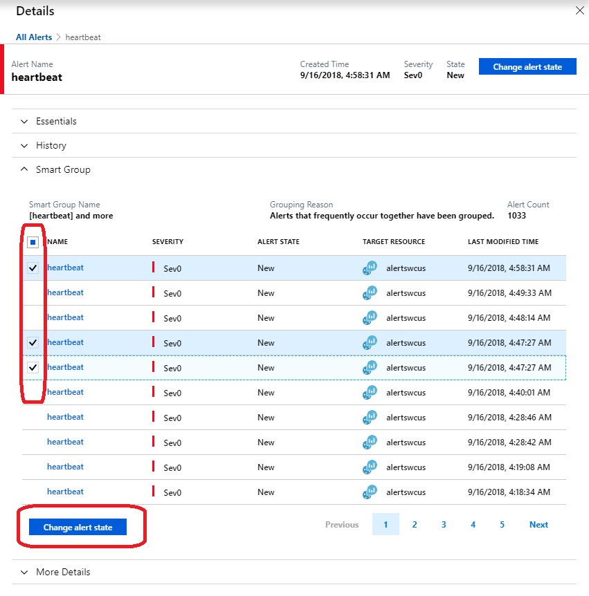 Screenshot shows the Alert Details page for the heartbeat alert with some instances having check marks.