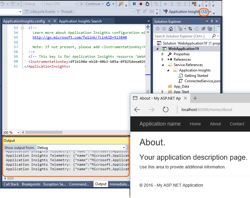 屏幕截图中显示了在 Visual Studio 中的调试模式下运行应用程序。