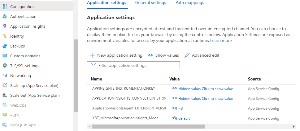 应用服务应用程序设置的屏幕截图，其中显示了可用的 Application Insights 设置。