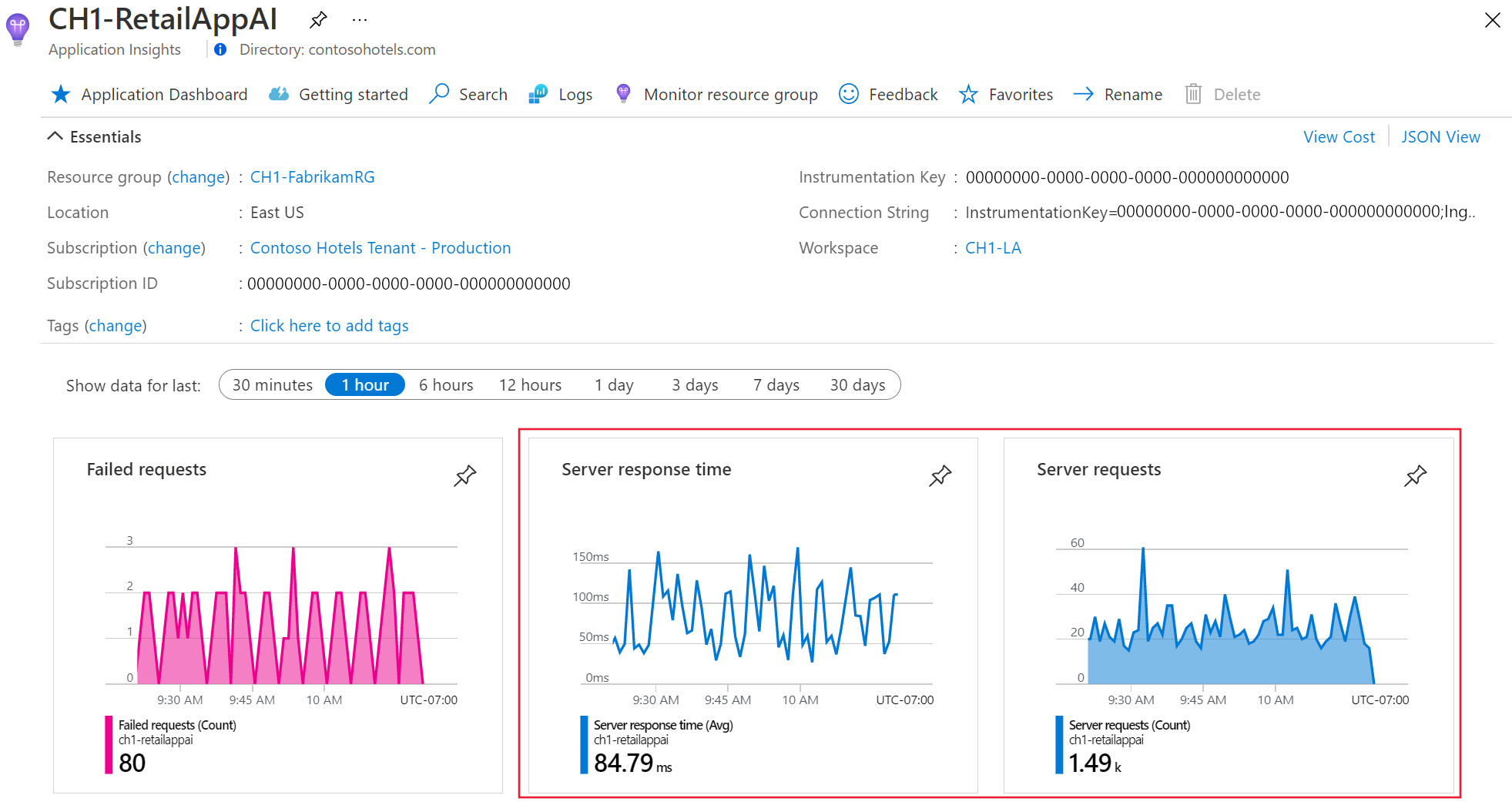 “Application Insights 概述”选项卡的屏幕截图，其中突出显示服务器请求和服务器响应时间。