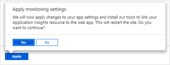 Screenshot of App Service's apply monitoring prompt. Text box displays message: 
