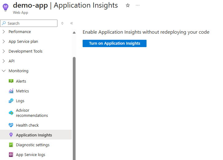 显示如何为应用启用 Application Insights 的屏幕截图。
