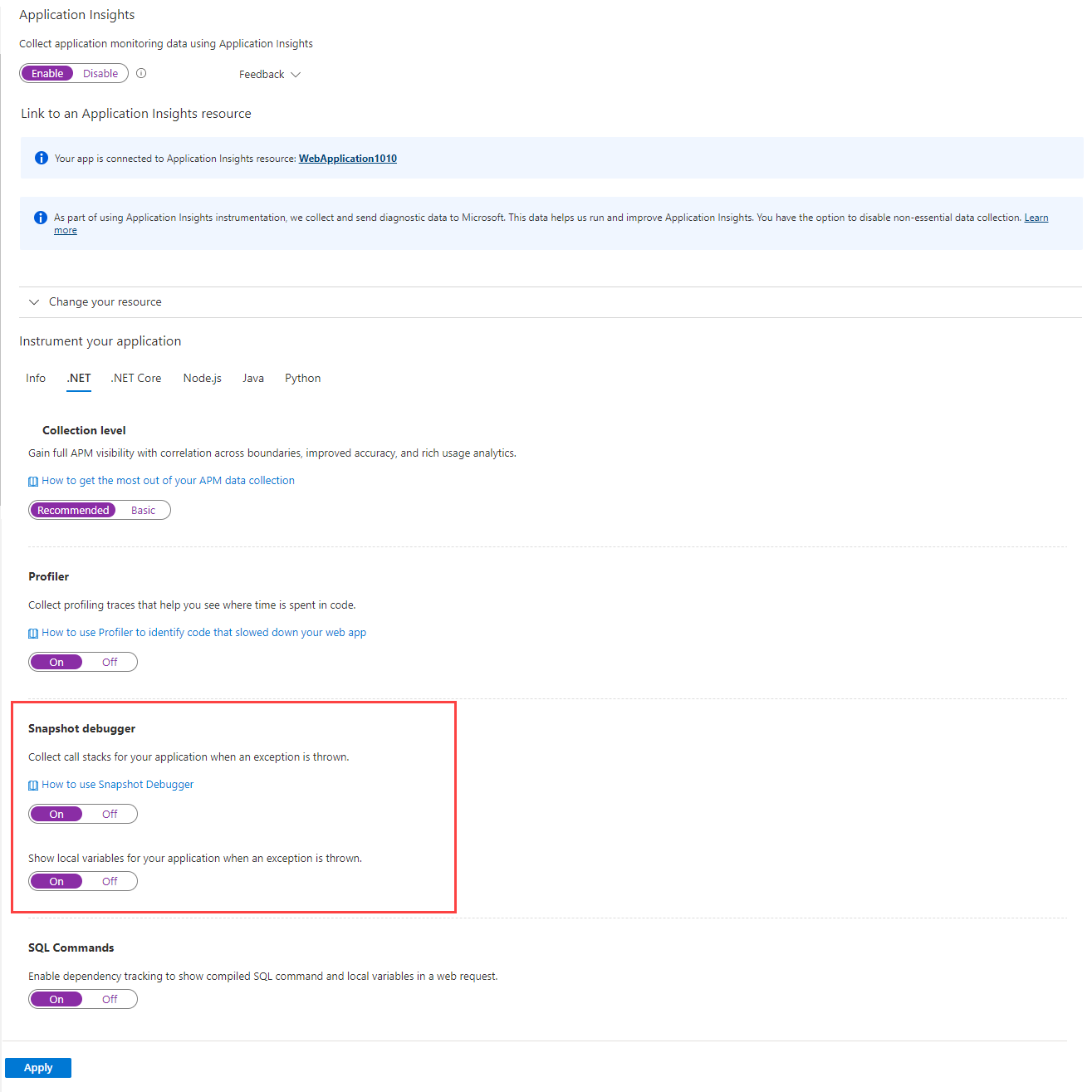 显示了如何添加 Application Insights 站点扩展的屏幕截图。