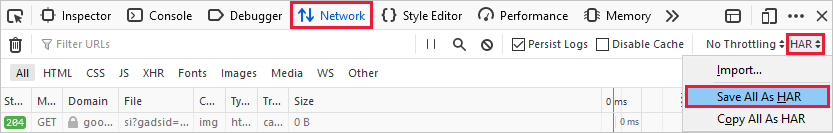 “网络”选项卡上的“全部另存为 HAR”命令的屏幕截图。
