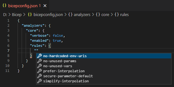 用于配置 bicepconfig.json 的 Intellisense 支持的屏幕截图。