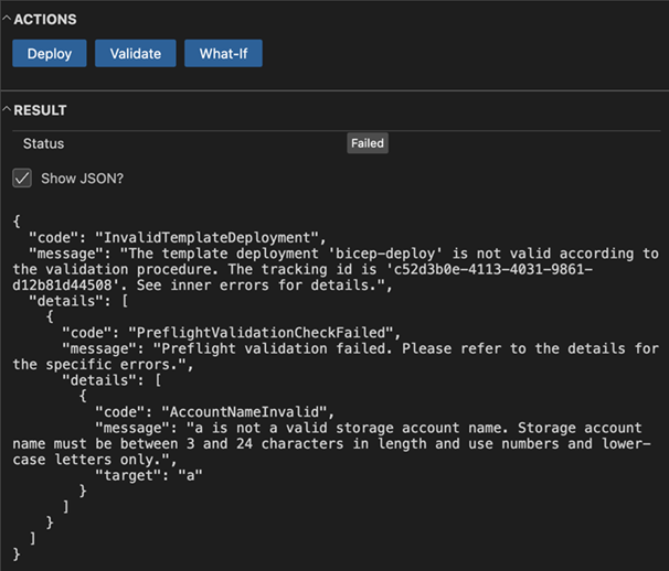 Visual Studio Code 中部署窗格验证错误的屏幕截图。