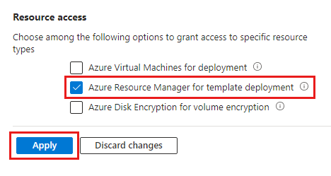 密钥保管库的访问配置的屏幕截图，配置启用了 Azure 资源管理器进行模板部署。