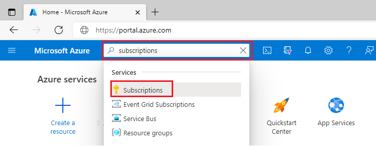 Azure 门户搜索框的屏幕截图，其中已输入“订阅”。