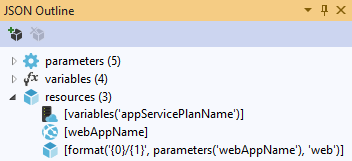 Visual Studio 中资源管理器模板的 JSON 大纲窗口的屏幕截图。