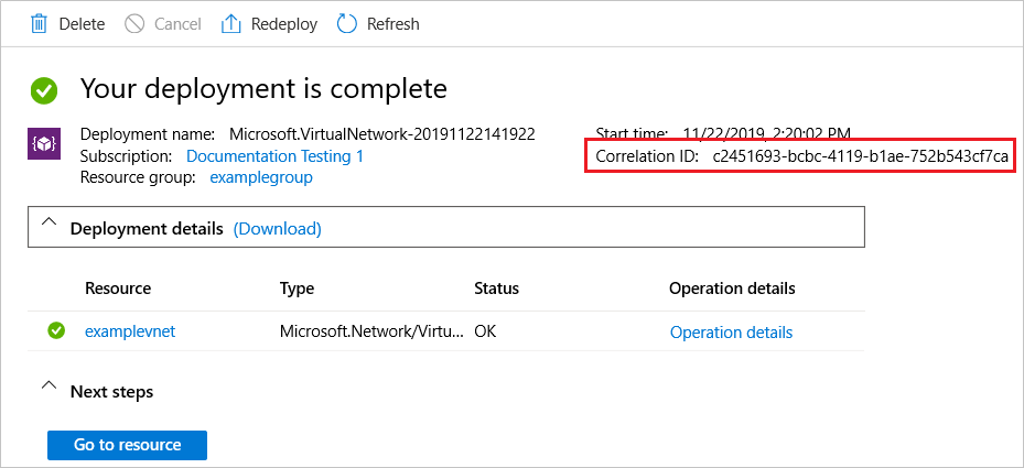 Screenshot of deployment history that highlights correlation ID.