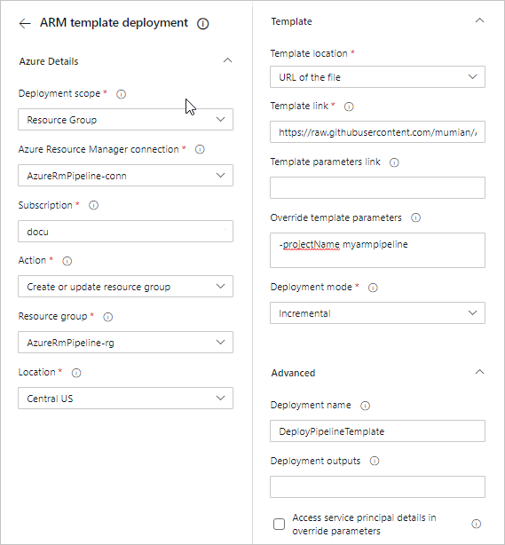 ARM 模板部署页的屏幕截图，其中显示了为 Azure DevOps Azure Pipelines 输入的所需值。