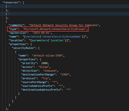 Visual Studio Code 的屏幕截图，显示了 ARM 模板中的网络安全组定义。
