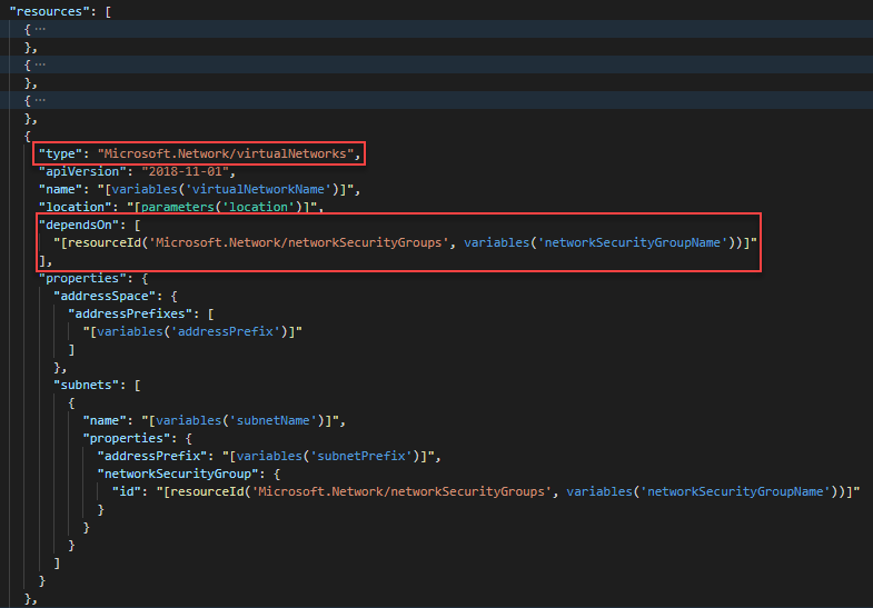 Visual Studio Code 的屏幕截图，显示了 ARM 模板中带有 dependsOn 元素的虚拟网络定义。