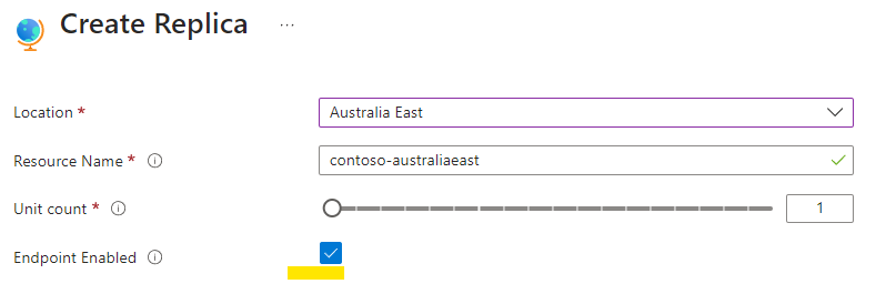 Azure SignalR 副本终结点设置图。