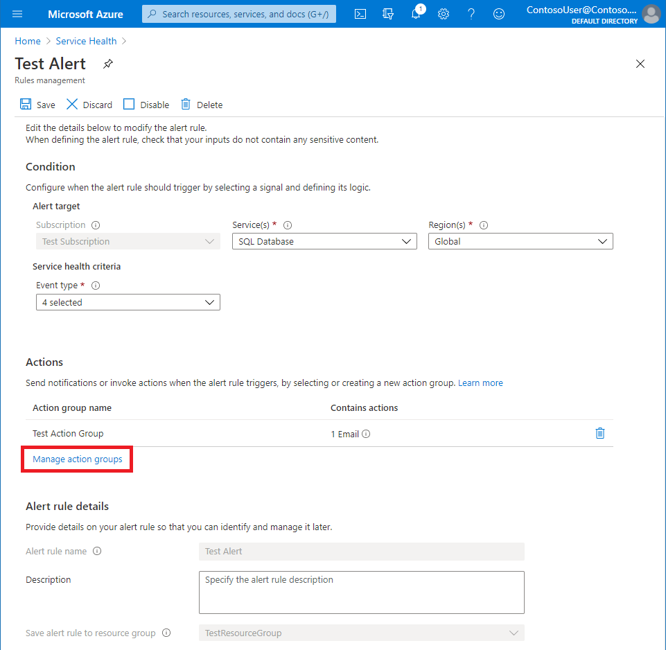 Azure 门户页的屏幕截图,可在其中添加或创建操作组。