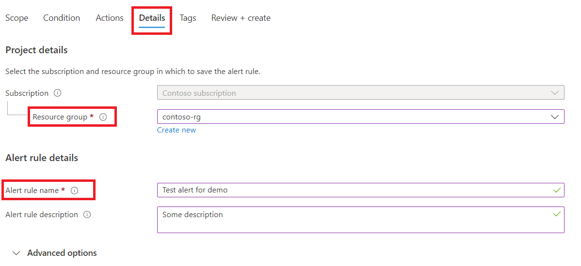 Azure 门户页的屏幕截图,可在其中定义警报详细信息。