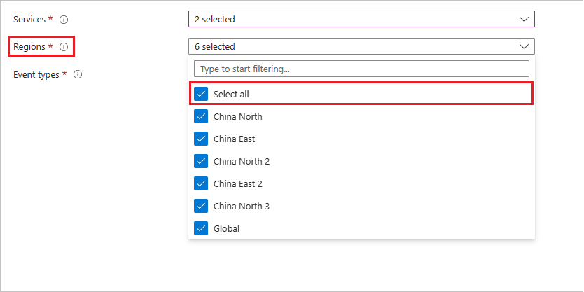 Azure 门户页面的屏幕截图,可在其中定义运行状况警报的条件和要通知的区域。
