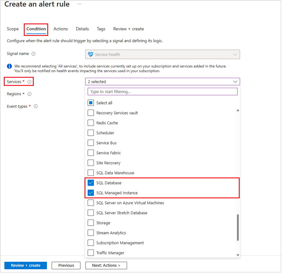 Azure 门户页面的屏幕截图,可在其中定义运行状况警报的条件和要通知的服务。