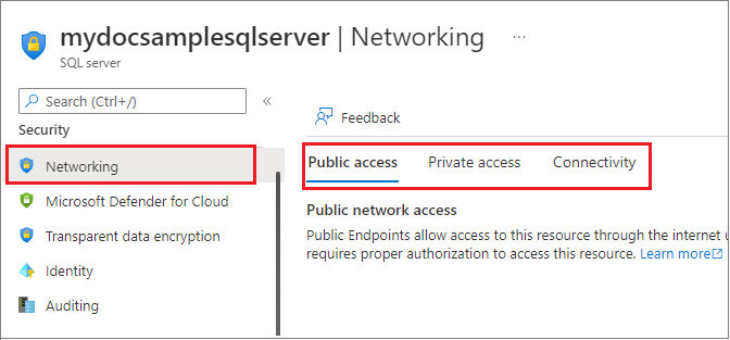 SQL Server 的 Azure 门户中的防火墙和虚拟网络设置的屏幕截图