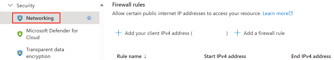 Azure 门户“网络”页面“防火墙规则”部分的屏幕截图。