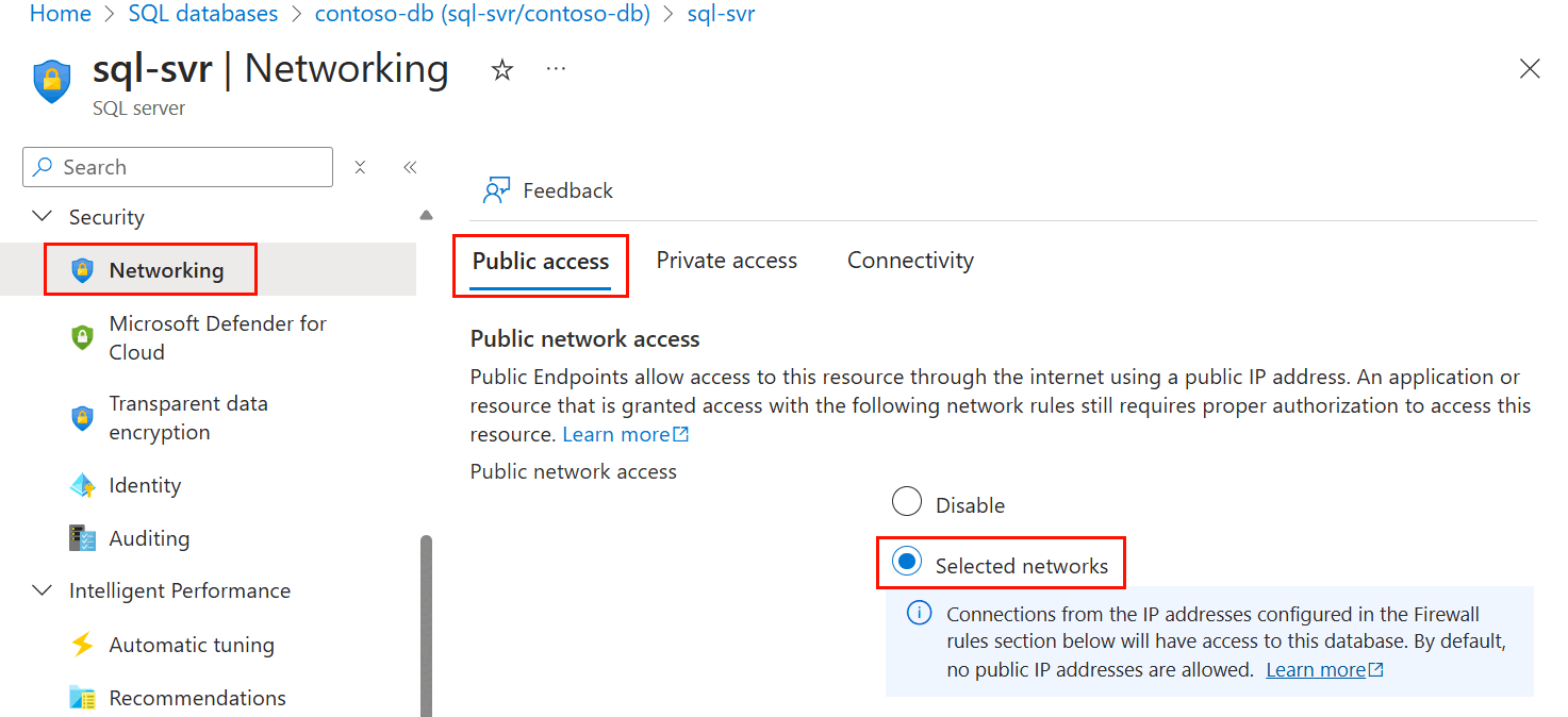 Azure 门户“网络”页的屏幕截图,其中显示了已启用公用网络访问。
