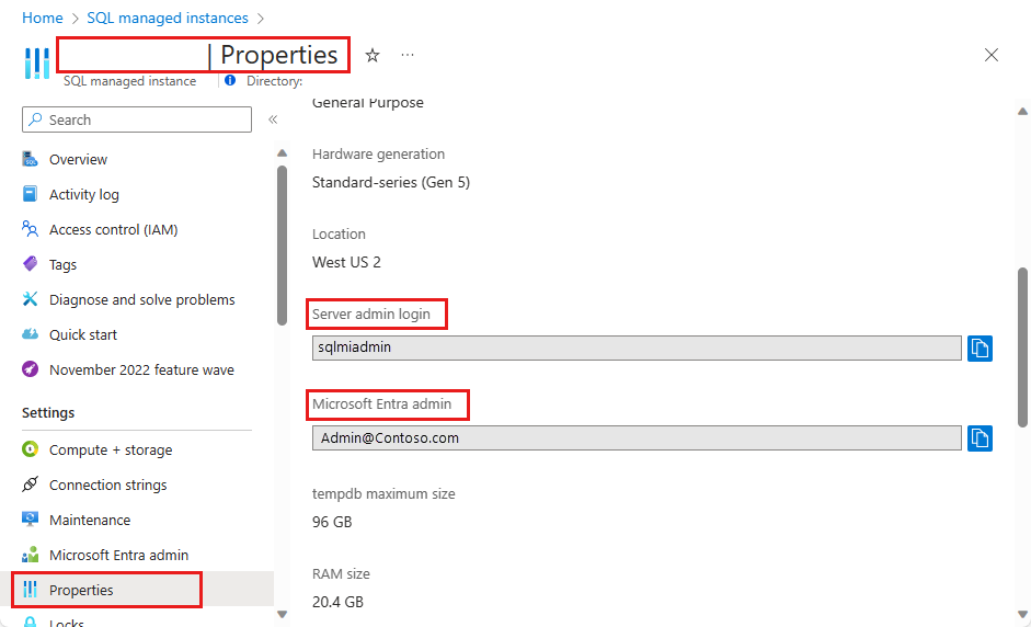 屏幕截图显示了“SQL 托管实例属性”页，你可在其中获取登录名和 Microsoft Entra 管理员值。