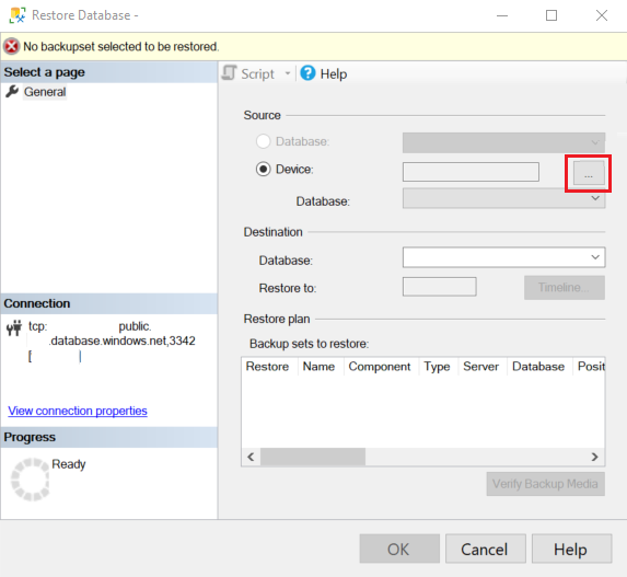 “还原”向导中页面的屏幕截图。在“源”部分中，已选择“设备”，并调用省略号。