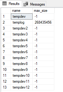 SSMS 中查询结果窗口的屏幕截图显示了 tempdb 文件的大小上限。