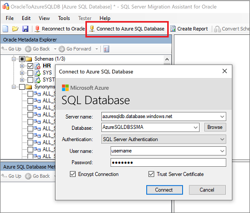 显示“连接到 Azure SQL 数据库”的屏幕截图。