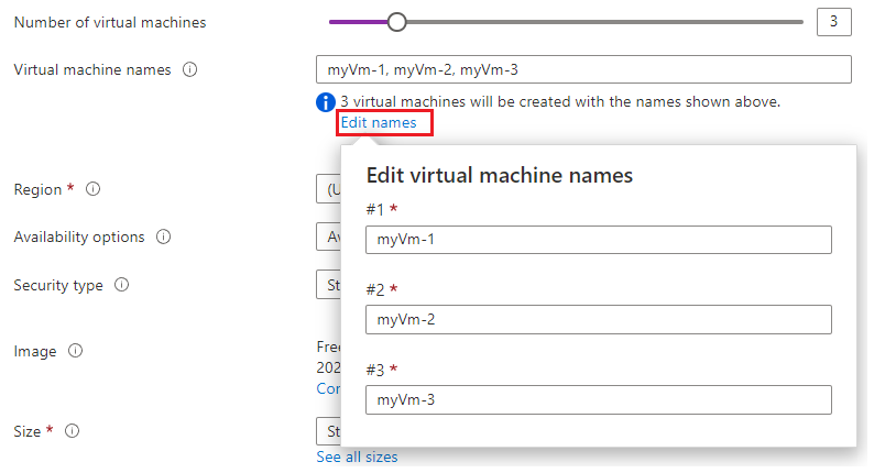 Azure 门户的屏幕截图，其中显示了用于选择虚拟机数的滑块，以及用于编辑名称的选项。