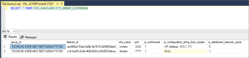 使用 sys.availability_group_listeners 来识别is_distributed_network_name 中的值为 1 的 DNN 侦听器