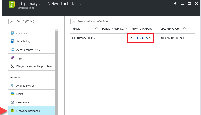 Azure 门户上显示的专用 IP 地址的屏幕截图。