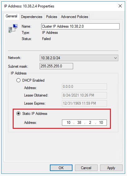 对第二个失败的“IP 地址”资源重复这些步骤，为另一个 SQL Server VM 的子网使用专用 Windows 群集 IP 地址。