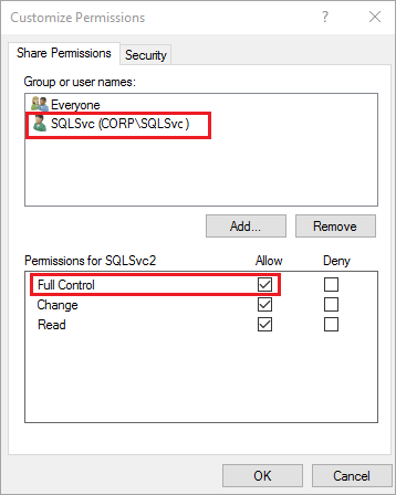 “自定义权限”对话框的屏幕截图。请确保两个服务器的 SQL Server 服务帐户都具有完全控制权。