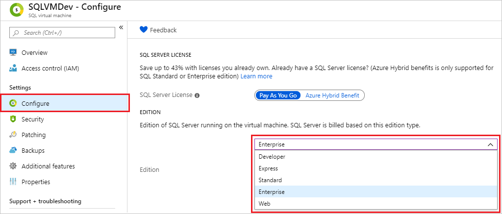 Azure 门户中 SQL VM 资源的屏幕截图，其中选择了“配置”和“版本”。
