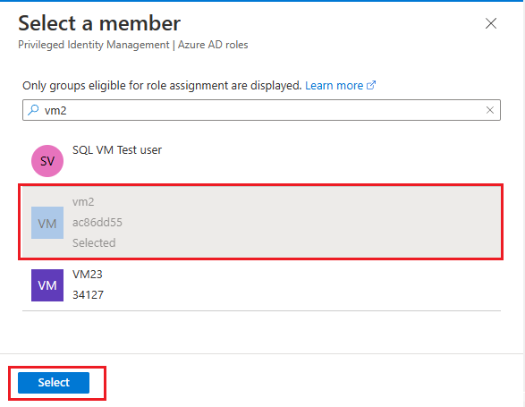 在 Azure 门户中搜索要选择的成员的屏幕截图。