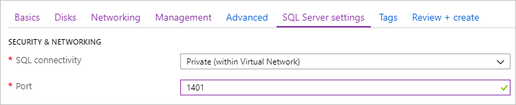 Azure 门户的 SQL VM 安全性的屏幕截图。