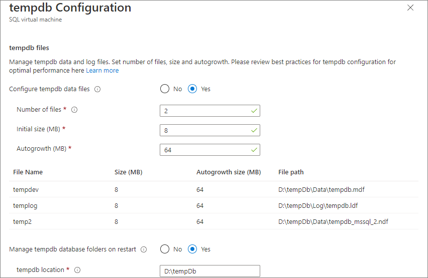 SQL 虚拟机资源页中 Azure 门户的 tempdb 配置页的屏幕截图。